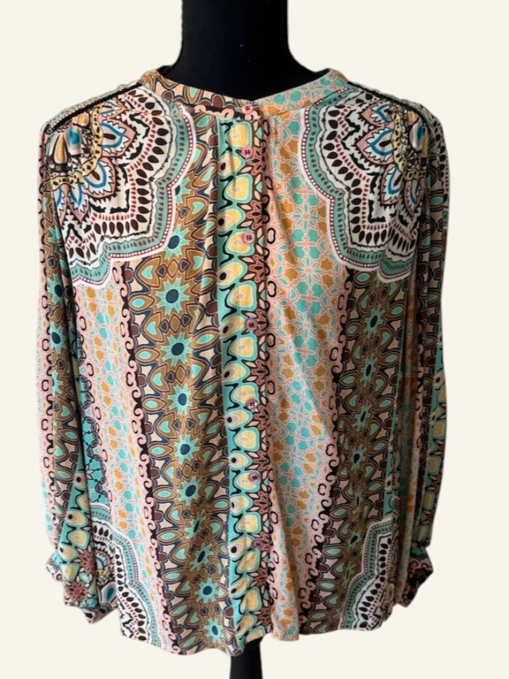 Tolani Shine Top Boho Print Blouse Balloon Sleeve Size M